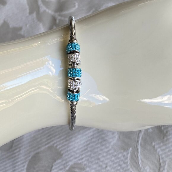 Silver Tone Aqua Blue Clear Swarovski Crystal Bracelet - Picture 5 of 6